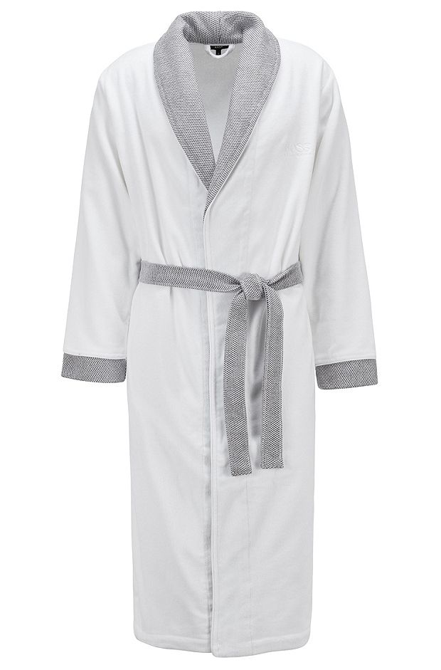 Robe de chambre mixte en velours de coton à finitions contrastantes, Blanc