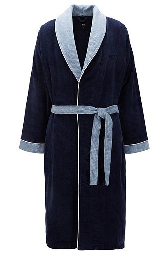 Robe de chambre mixte en velours de coton à finitions contrastantes, Bleu foncé