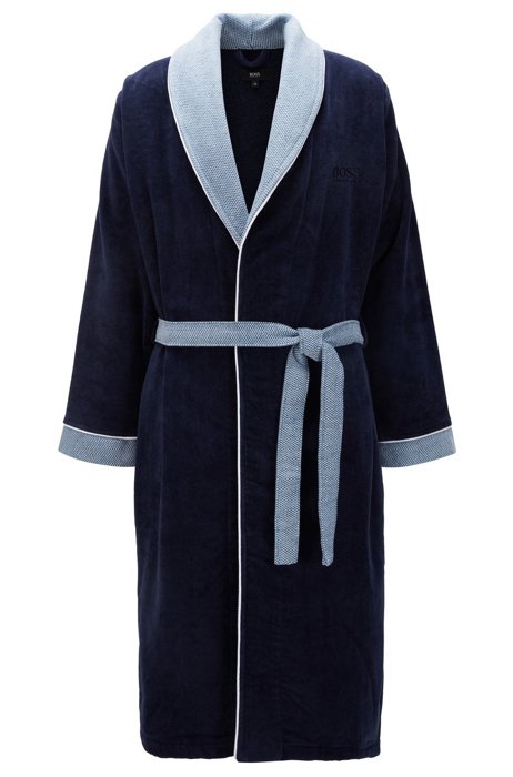 Unisex cotton-velvet dressing gown with contrast trims, Dark Blue