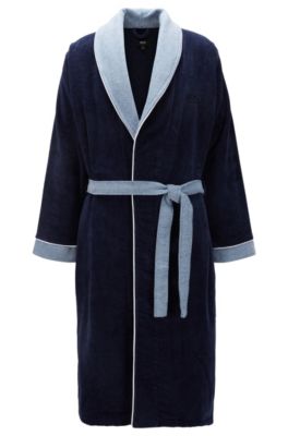 Unisex cotton-velvet dressing gown with contrast trims, Dark Blue