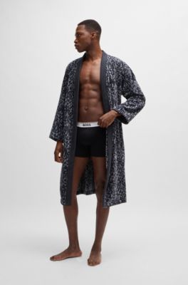 Cotton-jacquard dressing gown with embroidered logo, Dark Grey
