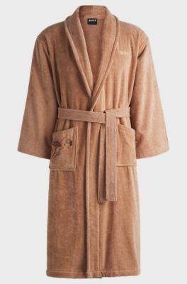 Cotton dressing gown with embroidered florals, Light Brown