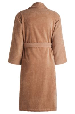 Cotton dressing gown with embroidered florals, Light Brown