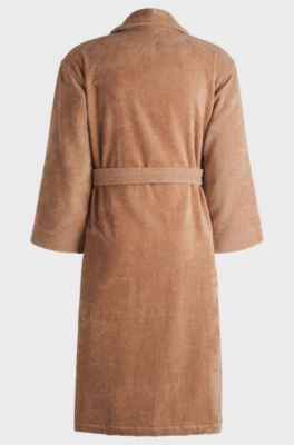 Cotton dressing gown with embroidered florals, Light Brown