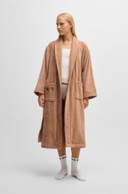 Vestaglia in cotone con fiori ricamati, Marrone chiaro