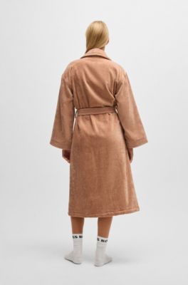 Cotton dressing gown with embroidered florals, Light Brown