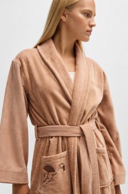 Vestaglia in cotone con fiori ricamati, Marrone chiaro