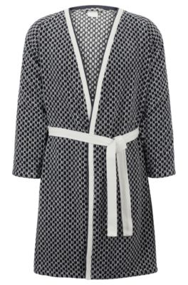 Monogram dressing gown in cotton jacquard, Dark Blue