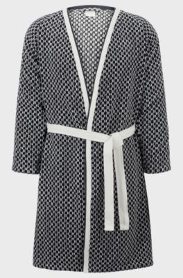 Monogram dressing gown in cotton jacquard, Dark Blue