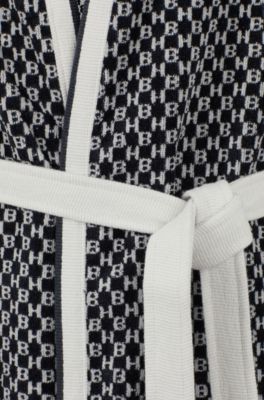 Monogram dressing gown in cotton jacquard, Dark Blue