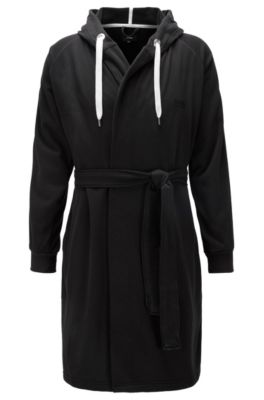 Peignoir &agrave; capuche en coton m&eacute;lang&eacute; avec rubans, Noir