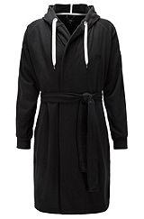 Cotton-blend hooded dressing gown with taped trims, Black