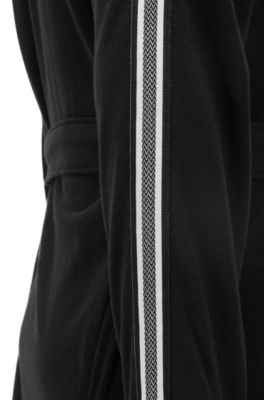 Peignoir &agrave; capuche en coton m&eacute;lang&eacute; avec rubans, Noir