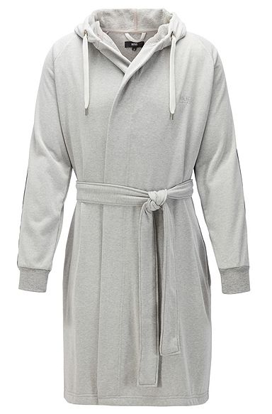 Cotton-blend hooded dressing gown with taped trims, Light Grey