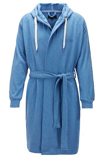 Cotton-blend hooded dressing gown with taped trims, Blue