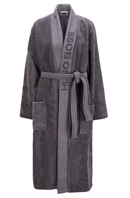 Logo-lapel dressing gown in long-fibre cotton, Dark Grey