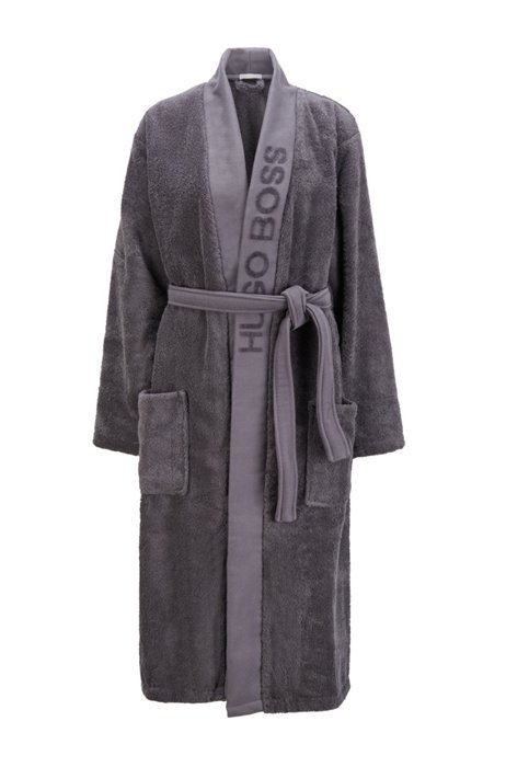 Egyptian-cotton dressing gown with branded shawl lapel, Dark Grey