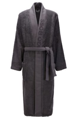 Vestaglia in cotone a fibra lunga con revers con logo, Grigio scuro