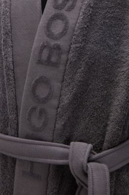 Vestaglia in cotone a fibra lunga con revers con logo, Grigio scuro