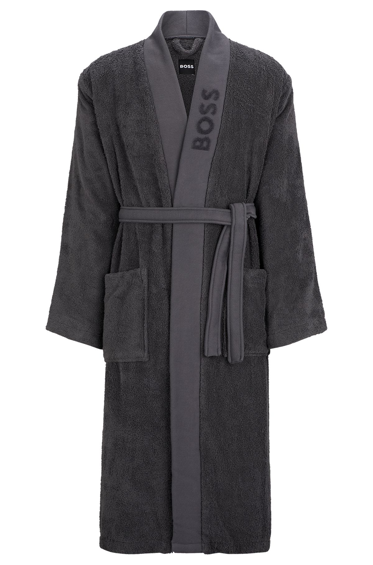 Logo-lapel dressing gown in long-fibre cotton, Dark Grey