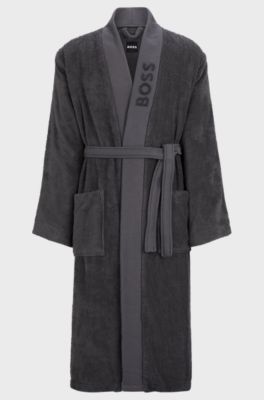 Logo-lapel dressing gown in long-fibre cotton, Dark Grey