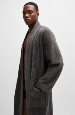 Logo-lapel dressing gown in long-fibre cotton, Dark Grey