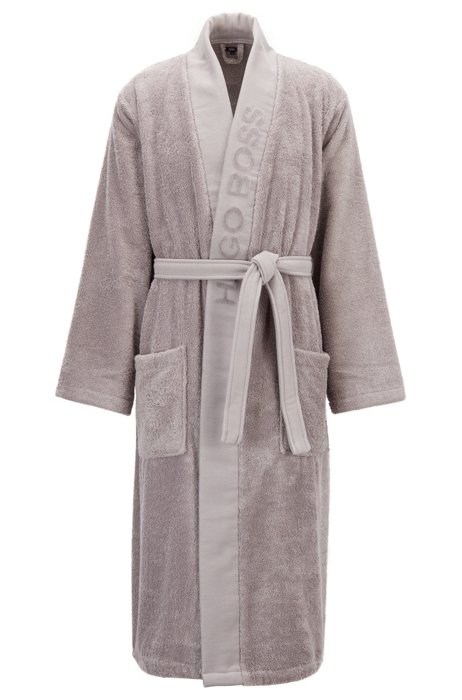 Egyptian-cotton dressing gown with branded shawl lapel, Grey
