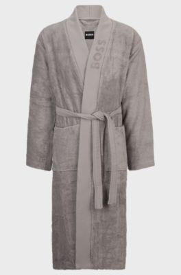 Vestaglia in cotone a fibra lunga con revers con logo, Grigio