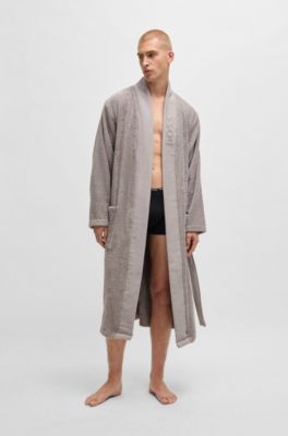 Vestaglia in cotone a fibra lunga con revers con logo, Grigio