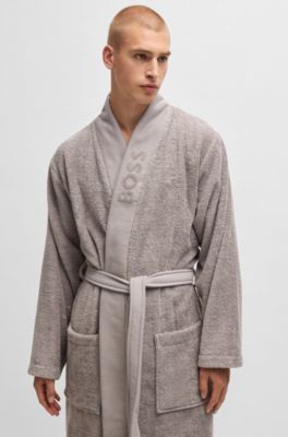 Logo-lapel dressing gown in long-fibre cotton, Grey