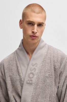 Logo-lapel dressing gown in long-fibre cotton, Grey