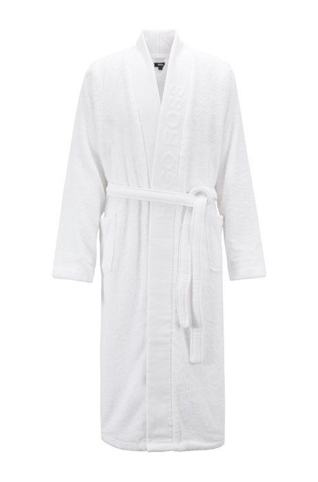 Egyptian-cotton dressing gown with branded shawl lapel, White