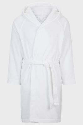 Vestaglia in cotone a fibra lunga con revers con logo, Bianco