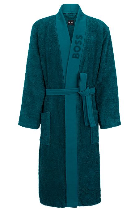 Logo-lapel dressing gown in long-fibre cotton, Dark Green