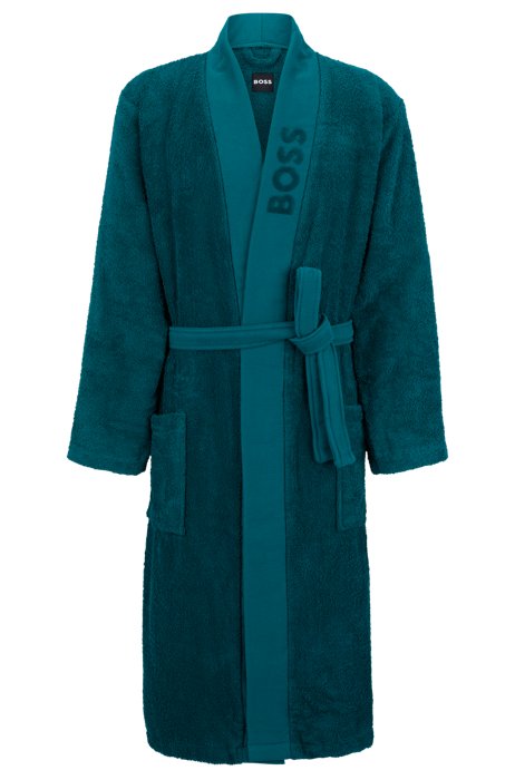Egyptian-cotton dressing gown with branded shawl lapel, Dark Green