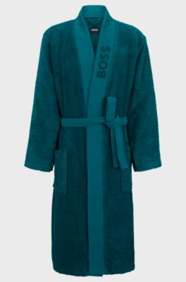 Vestaglia in cotone a fibra lunga con revers con logo, Verde scuro
