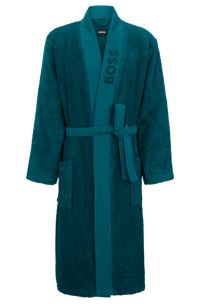 Vestaglia in cotone a fibra lunga con revers con logo, Verde scuro