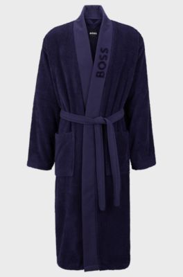 Logo-lapel dressing gown in long-fibre cotton, Dark Blue