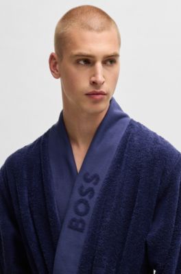 Vestaglia in cotone a fibra lunga con revers con logo, Blu scuro