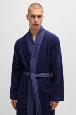 Logo-lapel dressing gown in long-fibre cotton, Dark Blue