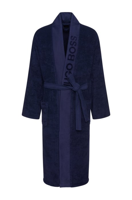 Egyptian-cotton dressing gown with branded shawl lapel, Dark Blue