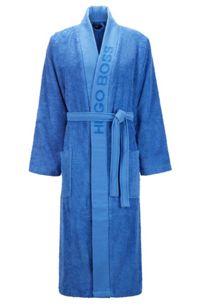 Morgenmantel aus langfaseriger Baumwolle mit Logo-Revers, Blau