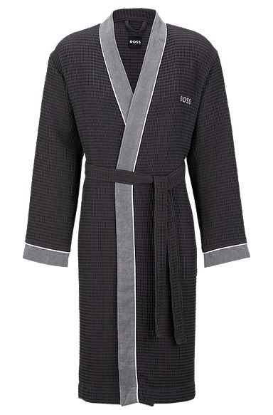 Honeycomb-cotton dressing gown with terry contrasts, Dark Grey