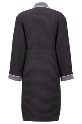 Honeycomb-cotton dressing gown with terry contrasts, Dark Grey