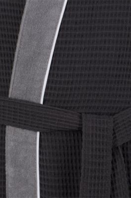 Honeycomb-cotton dressing gown with terry contrasts, Dark Grey