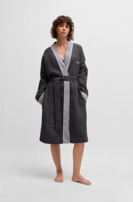Honeycomb-cotton dressing gown with terry contrasts, Dark Grey