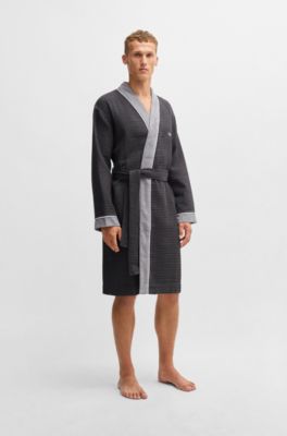 Honeycomb-cotton dressing gown with terry contrasts, Dark Grey