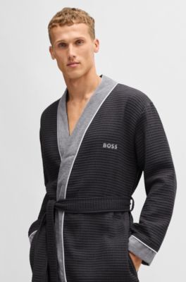 Honeycomb-cotton dressing gown with terry contrasts, Dark Grey