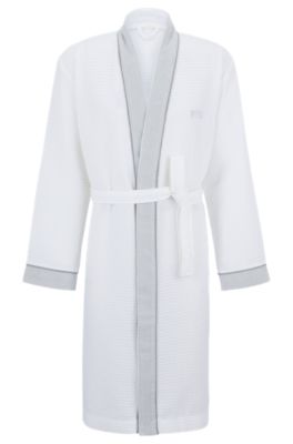 Ochtendjas van katoen met honingraatstructuur en badstofcontrasten, Wit