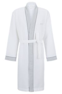 Honeycomb-cotton dressing gown with terry contrasts, White